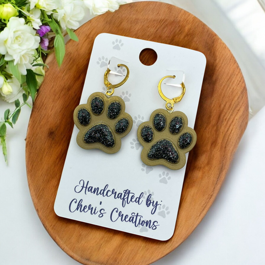 Black & Gold Paw Prints Polymer Clay Dangle Earrings