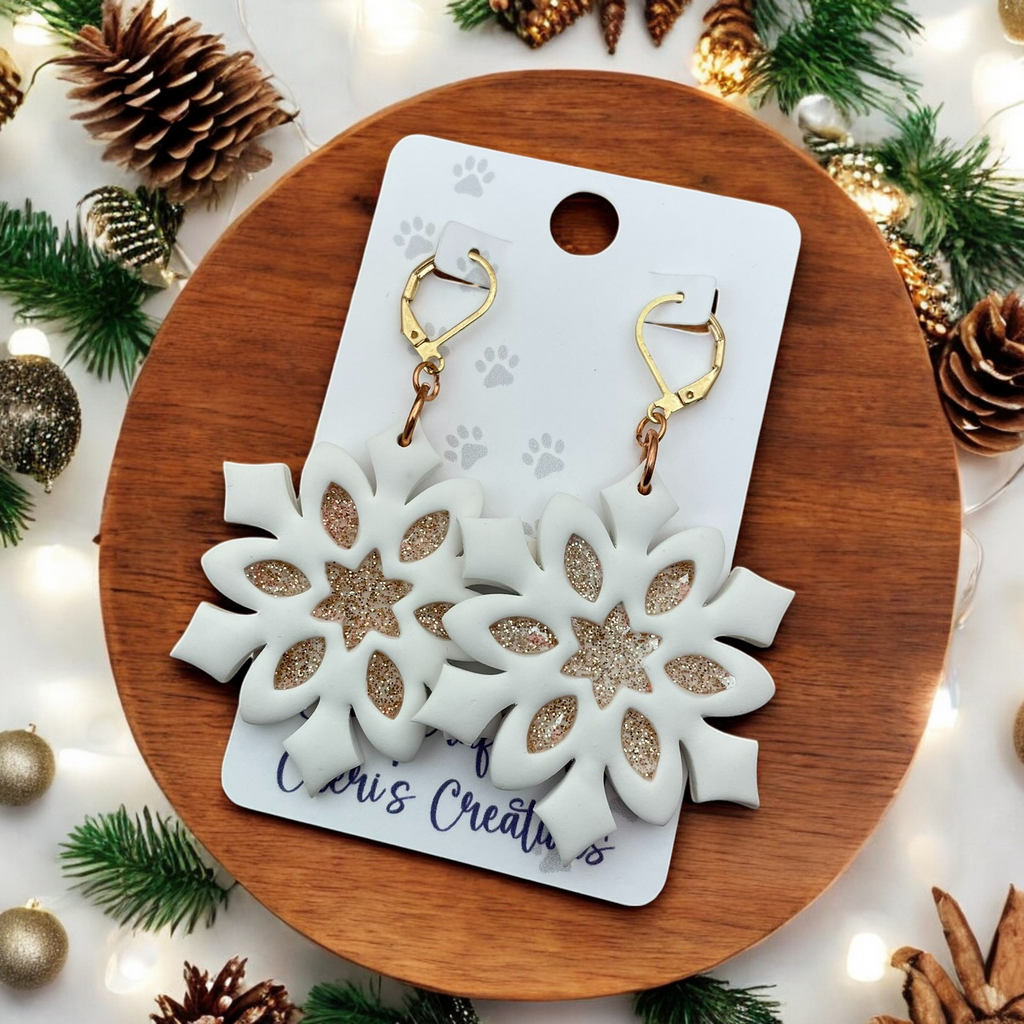 Golden Snowflakes Polymer Clay Dangle Earrings