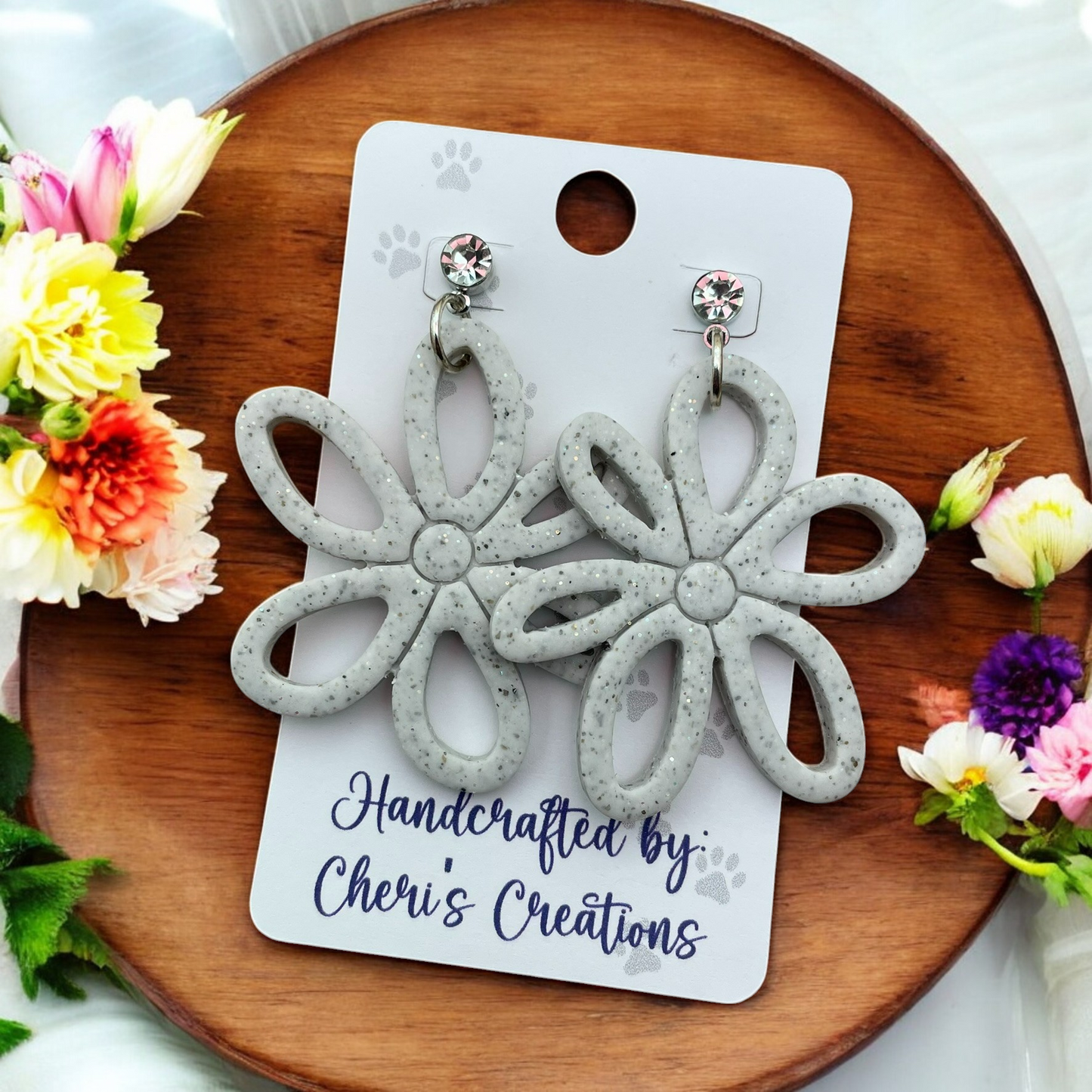 White Granite Vienna Flower Polymer Clay Dangle Earrings