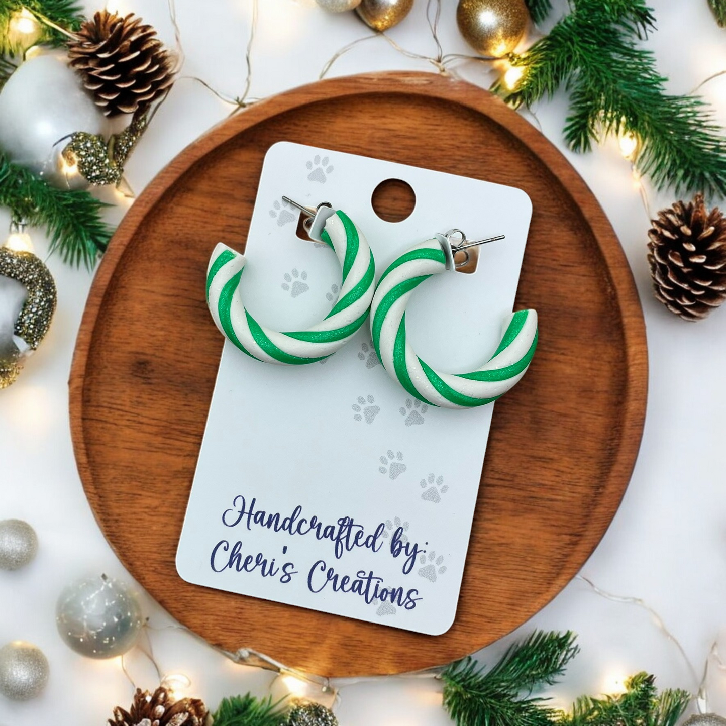 Green Candy Canes Polymer Clay Hoop Drop Earrings