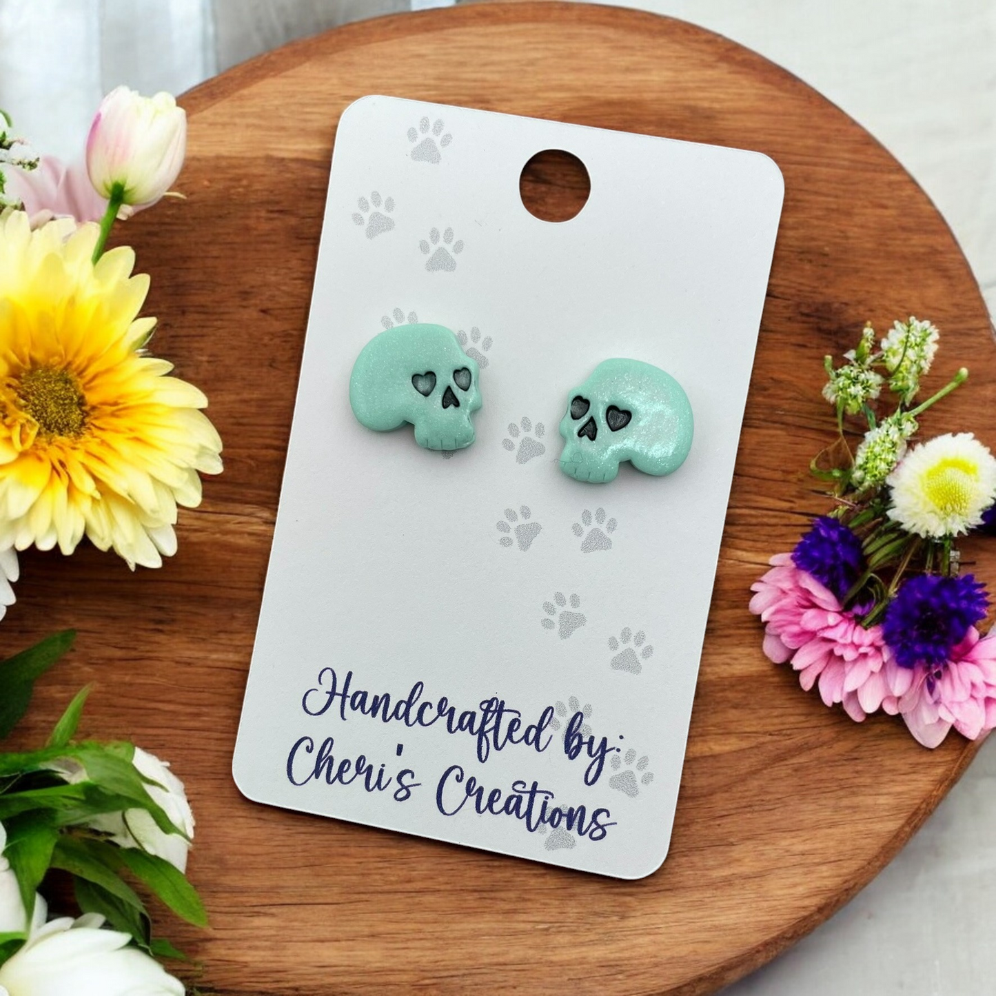 Mint Green Spooky Skull Polymer Clay Stud Earrings
