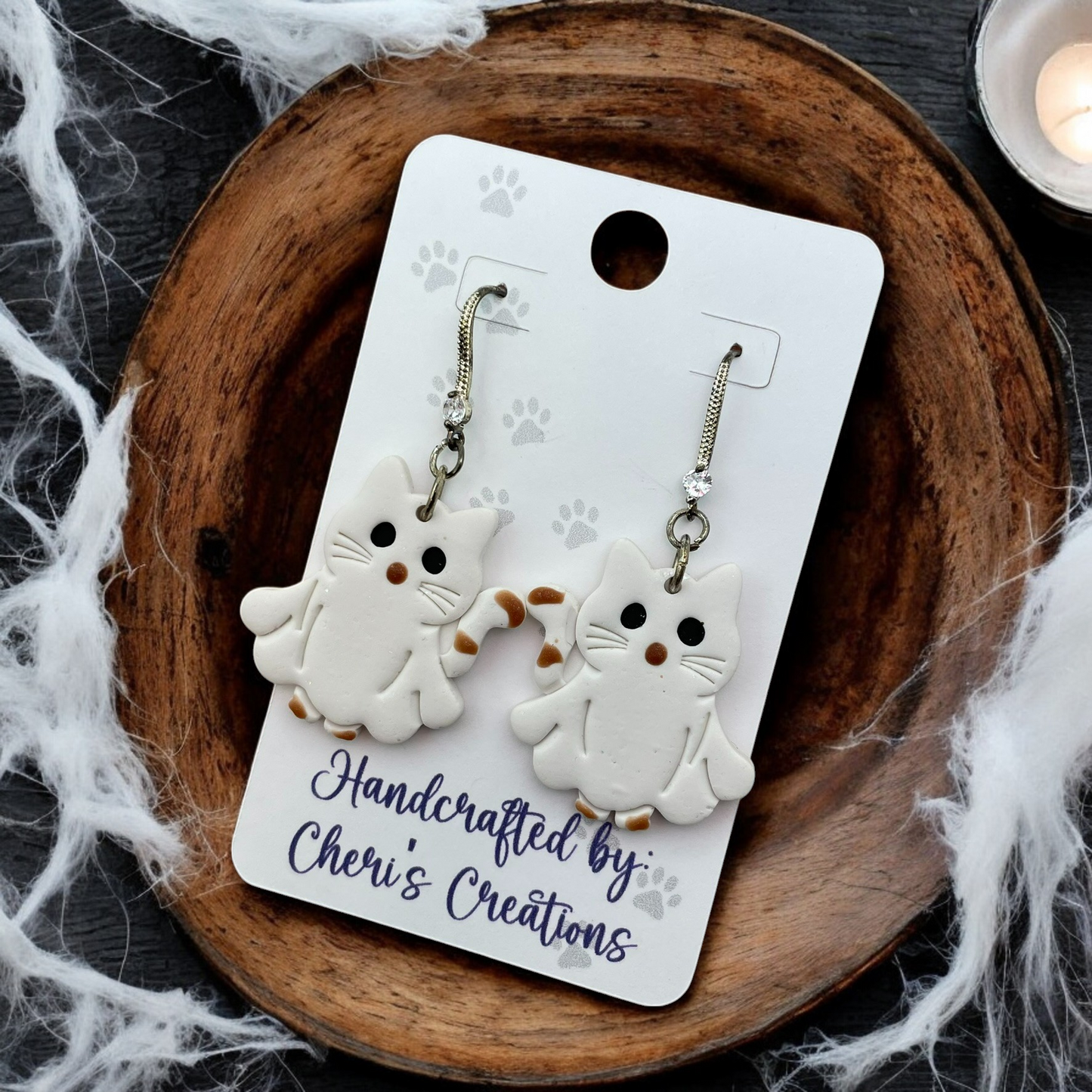 Spooky Halloween Ghost Kitties Polymer Clay Dangle Earrings
