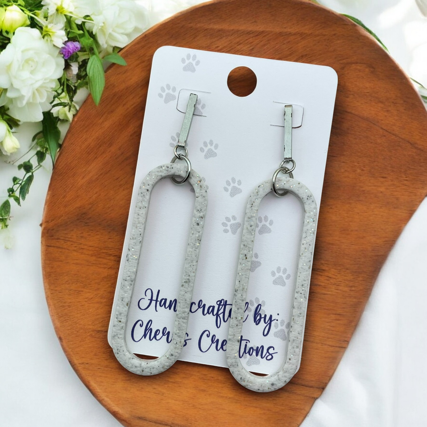 White Granite Oval Skinny Polymer Clay Dangle Earrings
