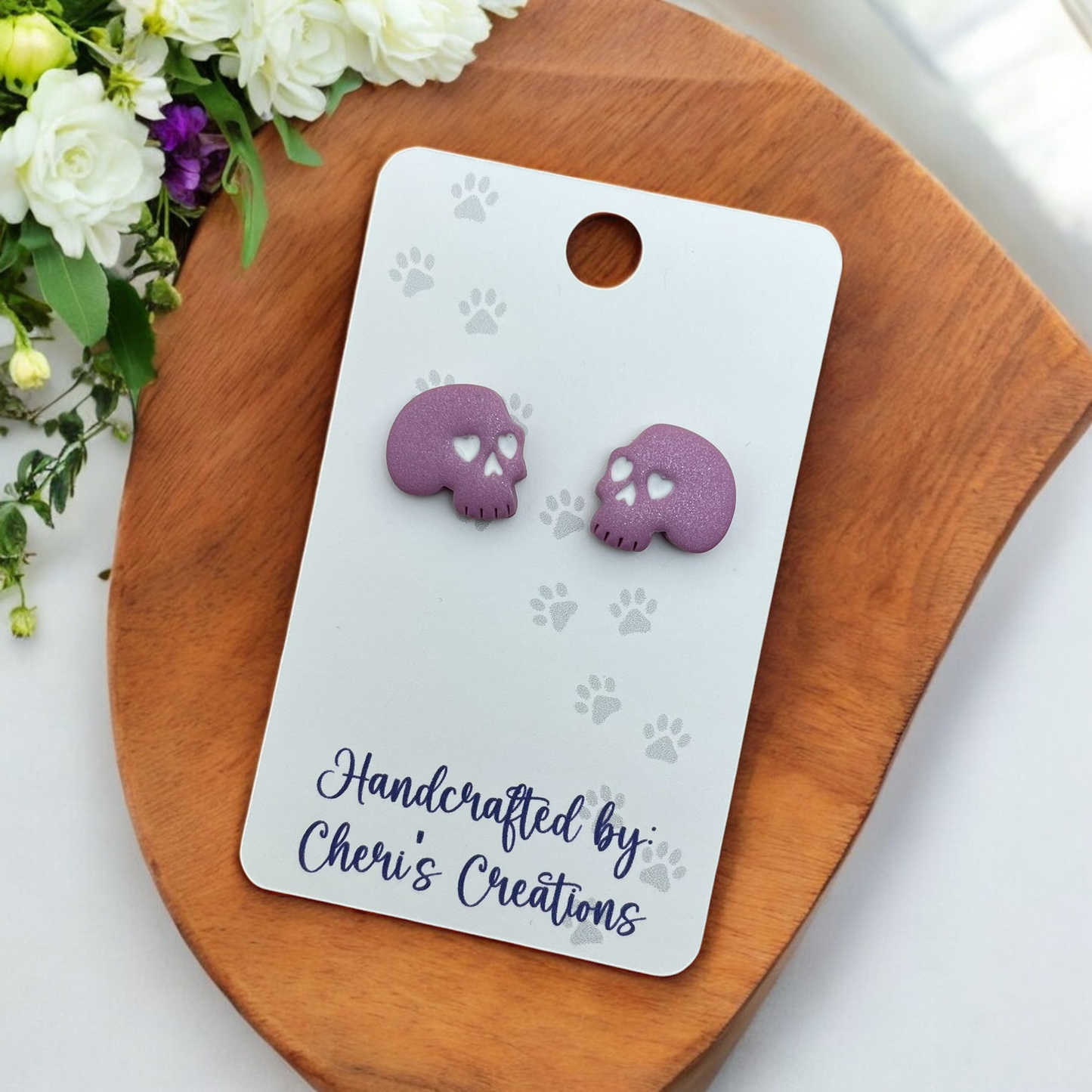 Lavender Spooky Skulls Polymer Clay Stud Earrings