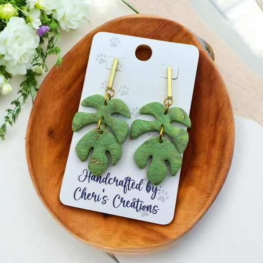 Tropical Monstera Leaf Polymer Clay Dangle Earrings