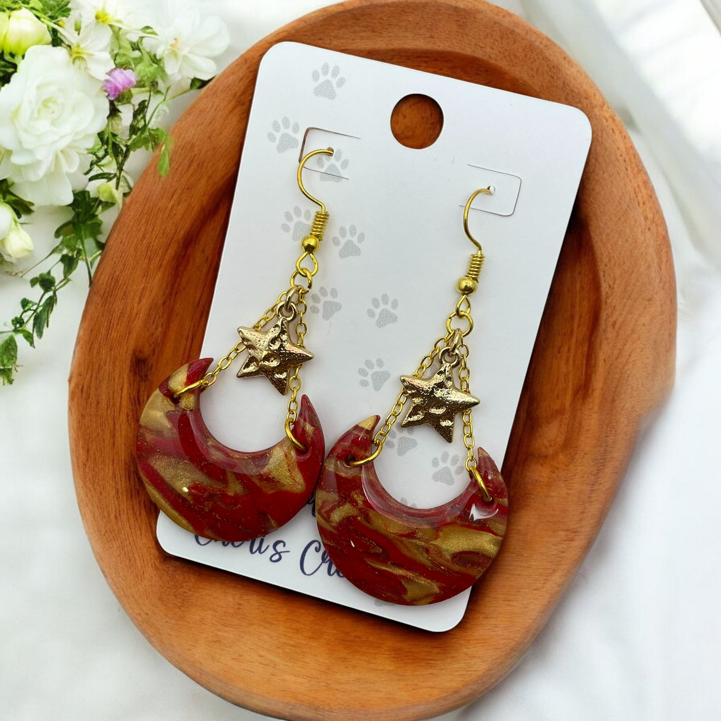 Red & Gold Moons and Stars Polymer Clay Dangle Earrings
