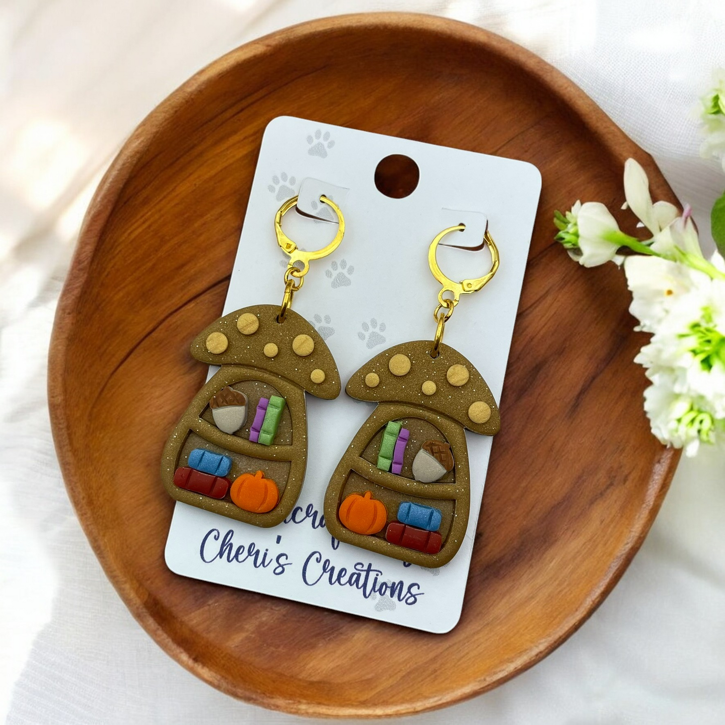 Whimsical Mushroom Bookshelf Polymer Clay Dangle Earrings