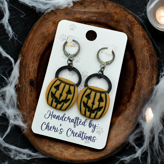 Classic Orange Halloween Pumpkin Bucket Polymer Clay Dangle Earrings