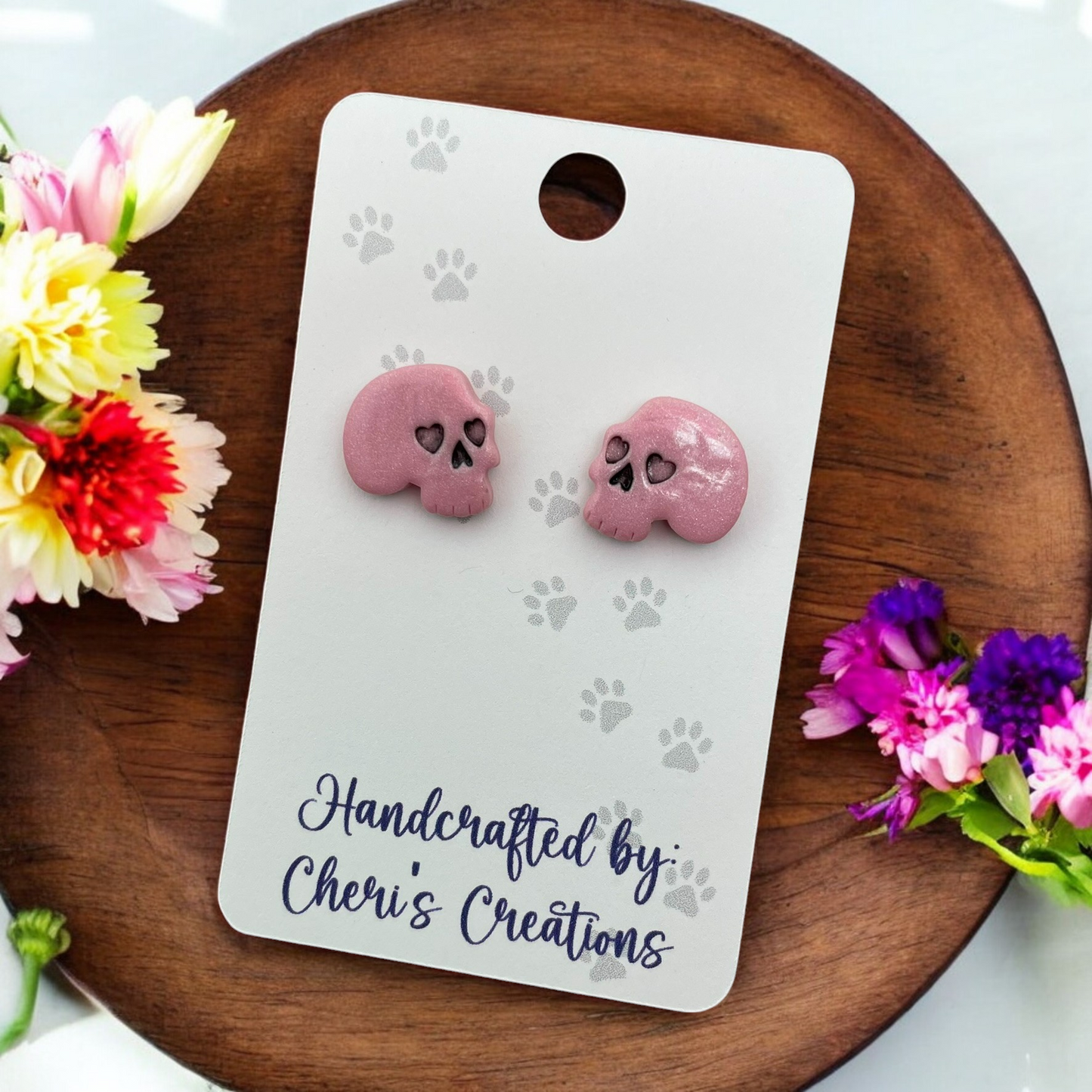 Light Pink Spooky Skulls Polymer Clay Stud Earrings