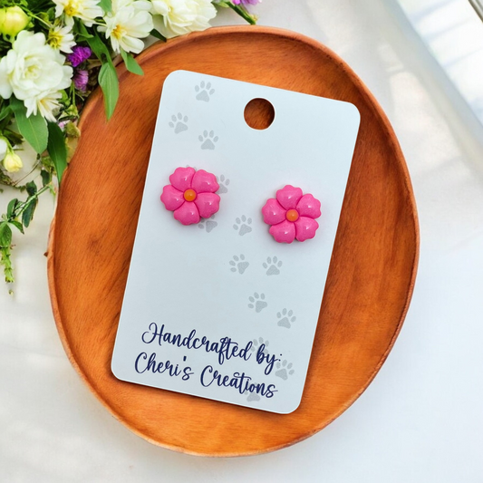 Pink 5 Petal Flower Polymer Clay Stud Earrings