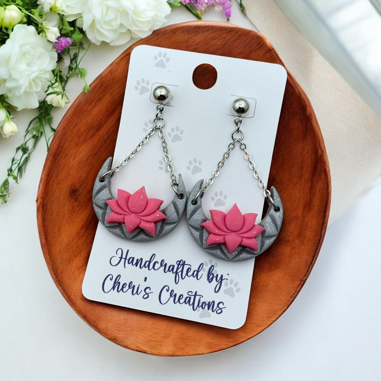 Pink Lotus Flowers Polymer Clay Dangle Earrings
