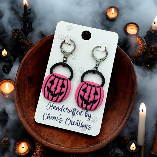 Pink Halloween Pumpkin Bucket Polymer Clay Dangle Earrings