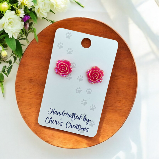 Neon Pink Roses Acrylic Stud Earrings