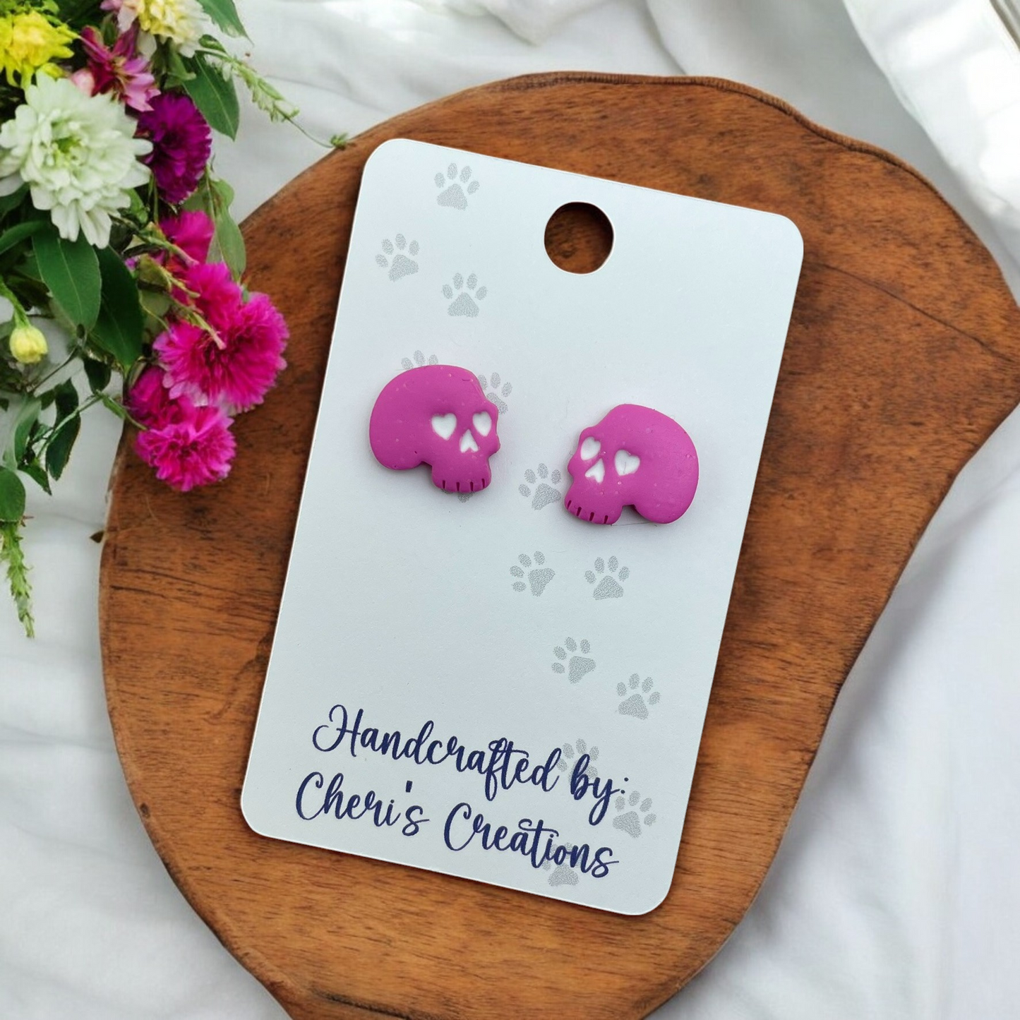 Hot Pink Spooky Skulls Polymer Clay Stud Earrings
