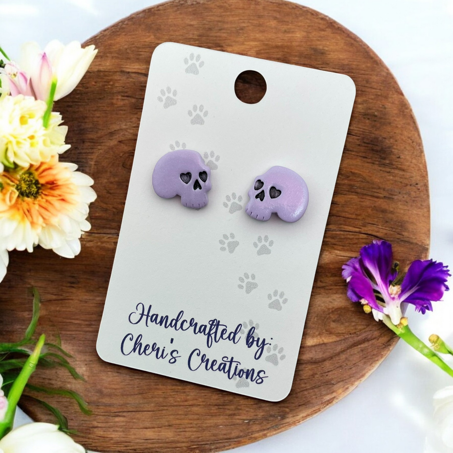 Lavender Spooky Skulls Polymer Clay Stud Earrings