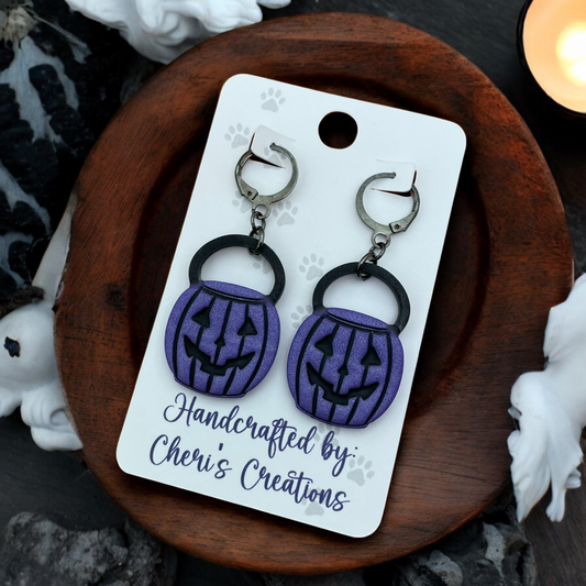 Purple Halloween Pumpkin Bucket Polymer Clay Dangle Earrings