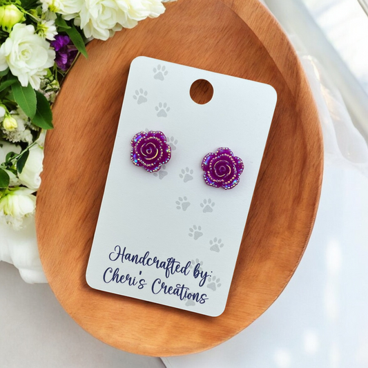 Neon Purple Roses Acrylic Stud Earrings