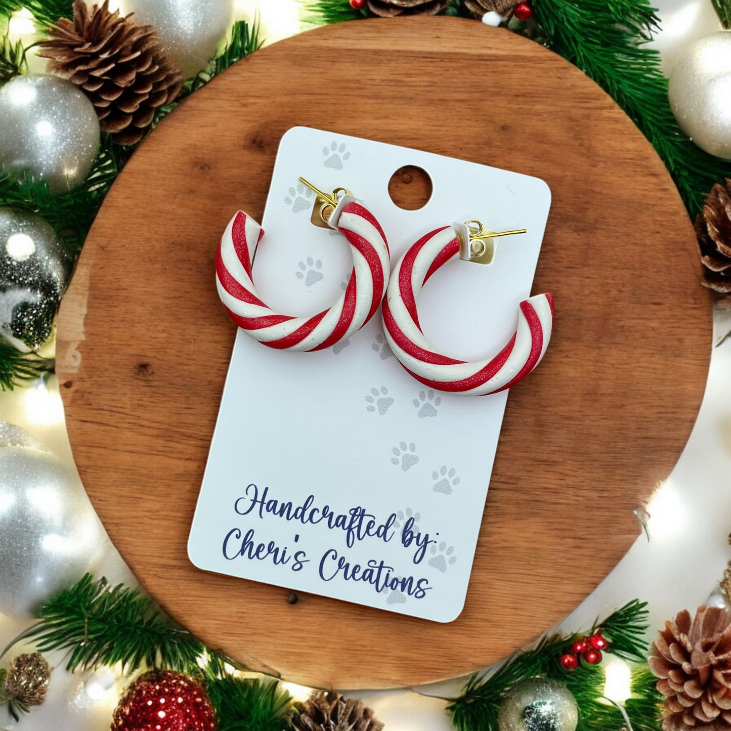 Red Candy Canes Polymer Clay Hoop Drop Earrings