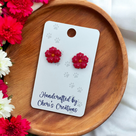Red 5 Petal Flower Polymer Clay Stud Earrings