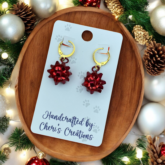 Festive Red Gift Bow Enamel Dangle Earrings