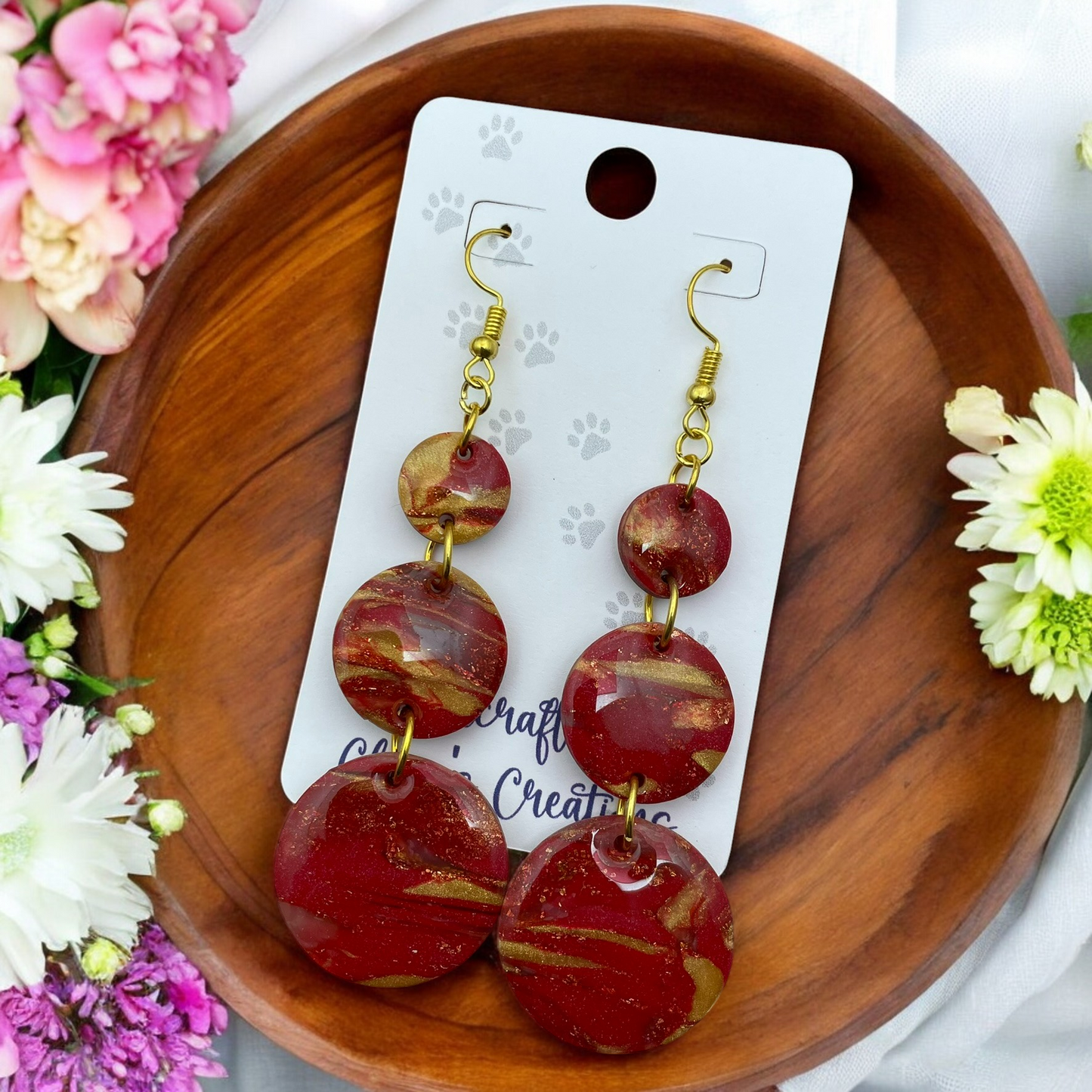 Red & Gold Geometric Circles Polymer Clay Earrings