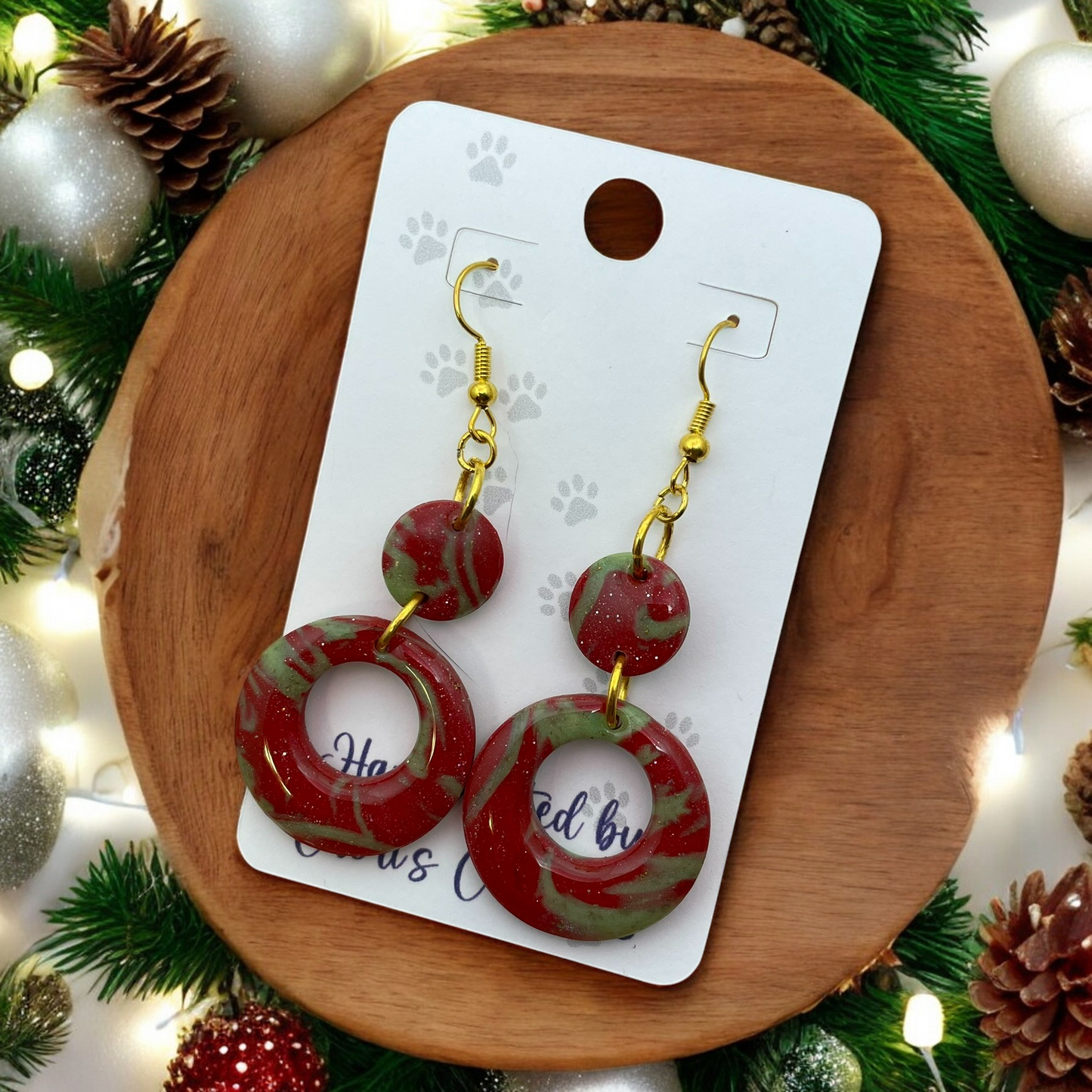 Red & Green Marble Circle Polymer Clay Dangle Earrings