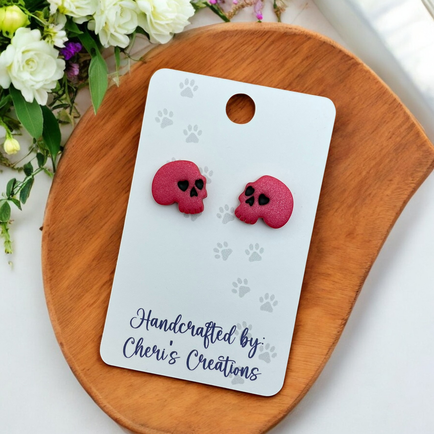 Red Spooky Skull Polymer Clay Stud Earrings