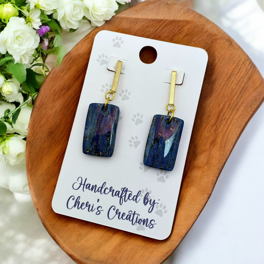 Navy & Black Bars with Gold Accents Polymer Clay Dangle Earrings