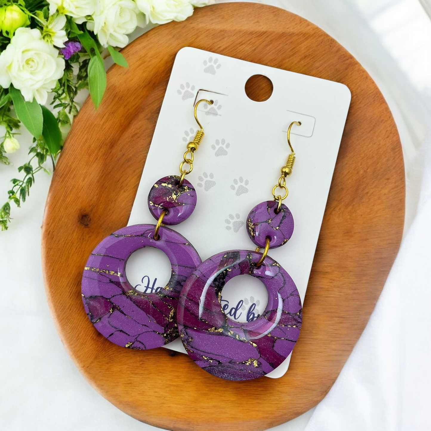 Shades of Violet and Gold Geometric Circles Polymer Clay Earrings