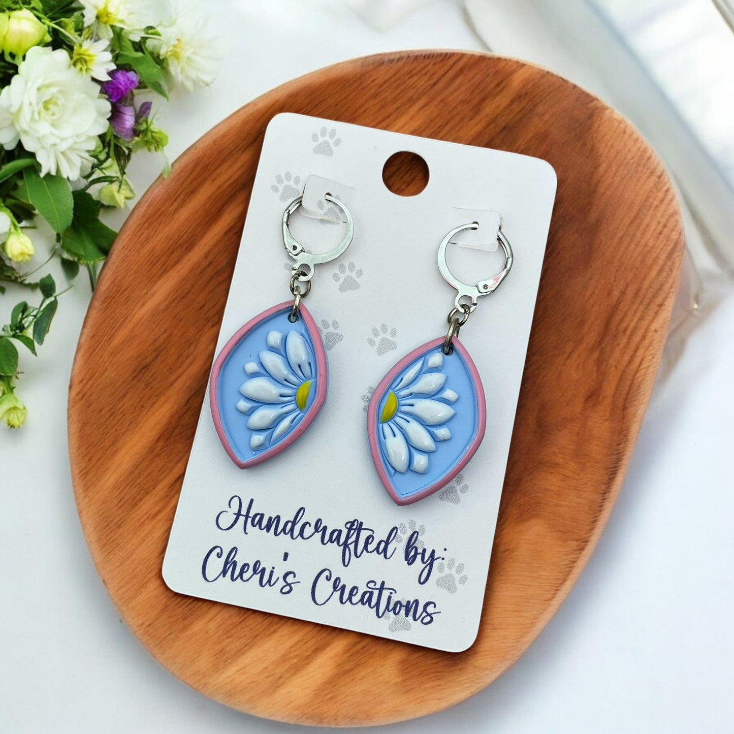 Watercolor Daisies Polymer Clay Dangle Earrings