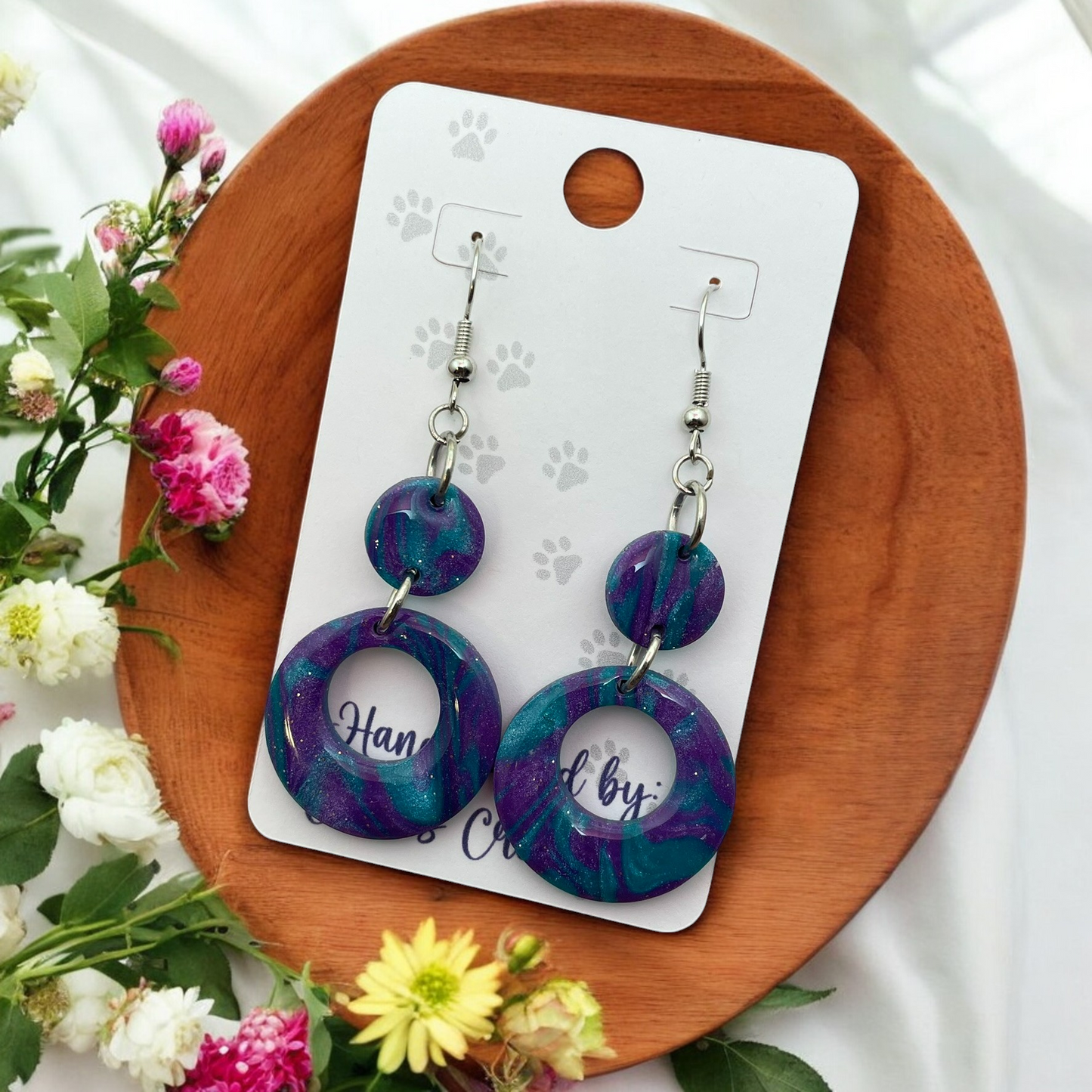 Purple & Turquoise Pearl Marbled Circle Polymer Clay Dangle Earrings