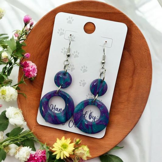 Purple & Turquoise Pearl Marbled Circle Polymer Clay Dangle Earrings