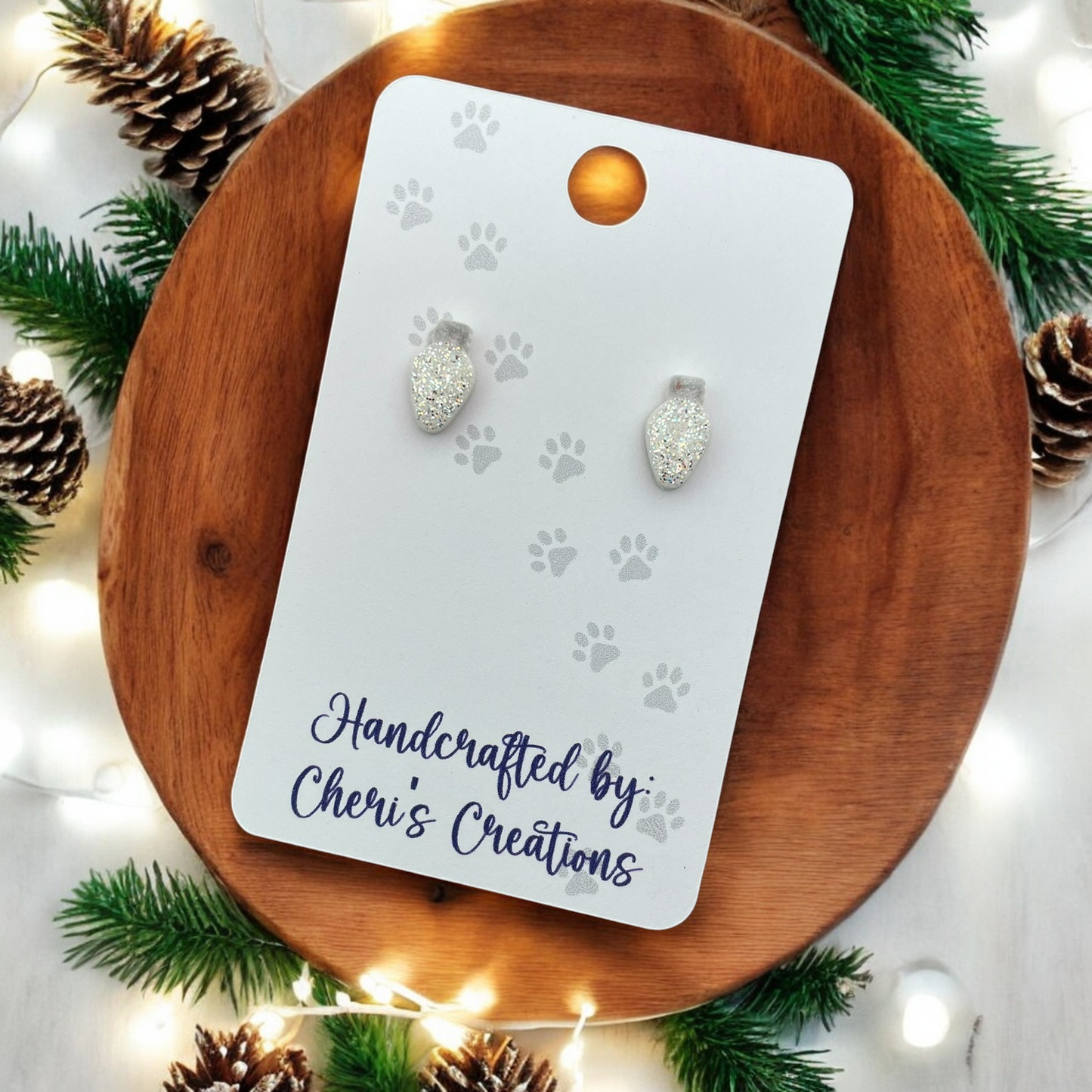 White Christmas Bulb Polymer Clay Stud Earrings