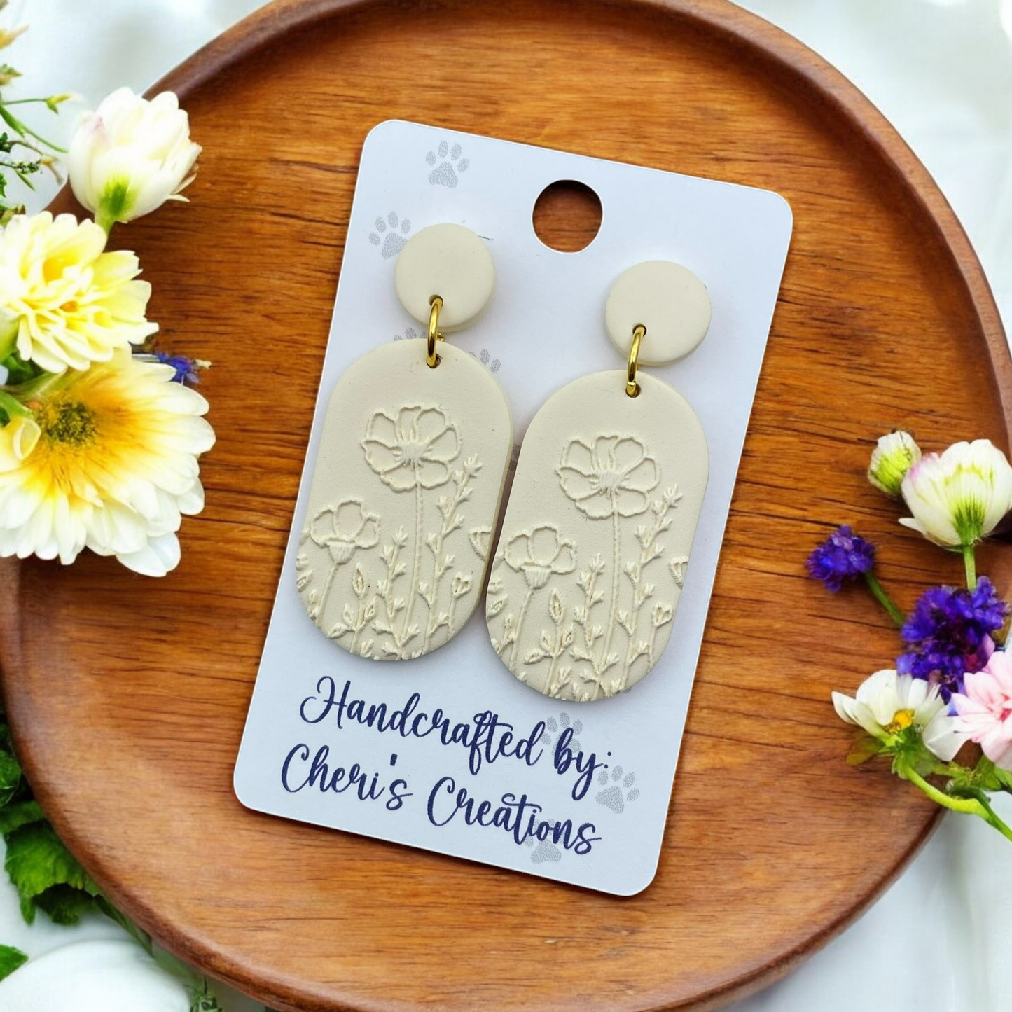 Embossed Ivory Wildflowers Polymer Clay Dangle Earrings