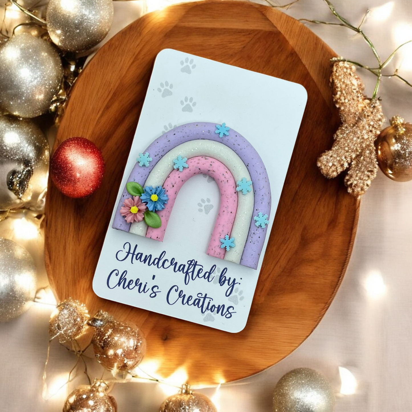Whimsical Winter Floral Rainbow Polymer Clay Embellishment