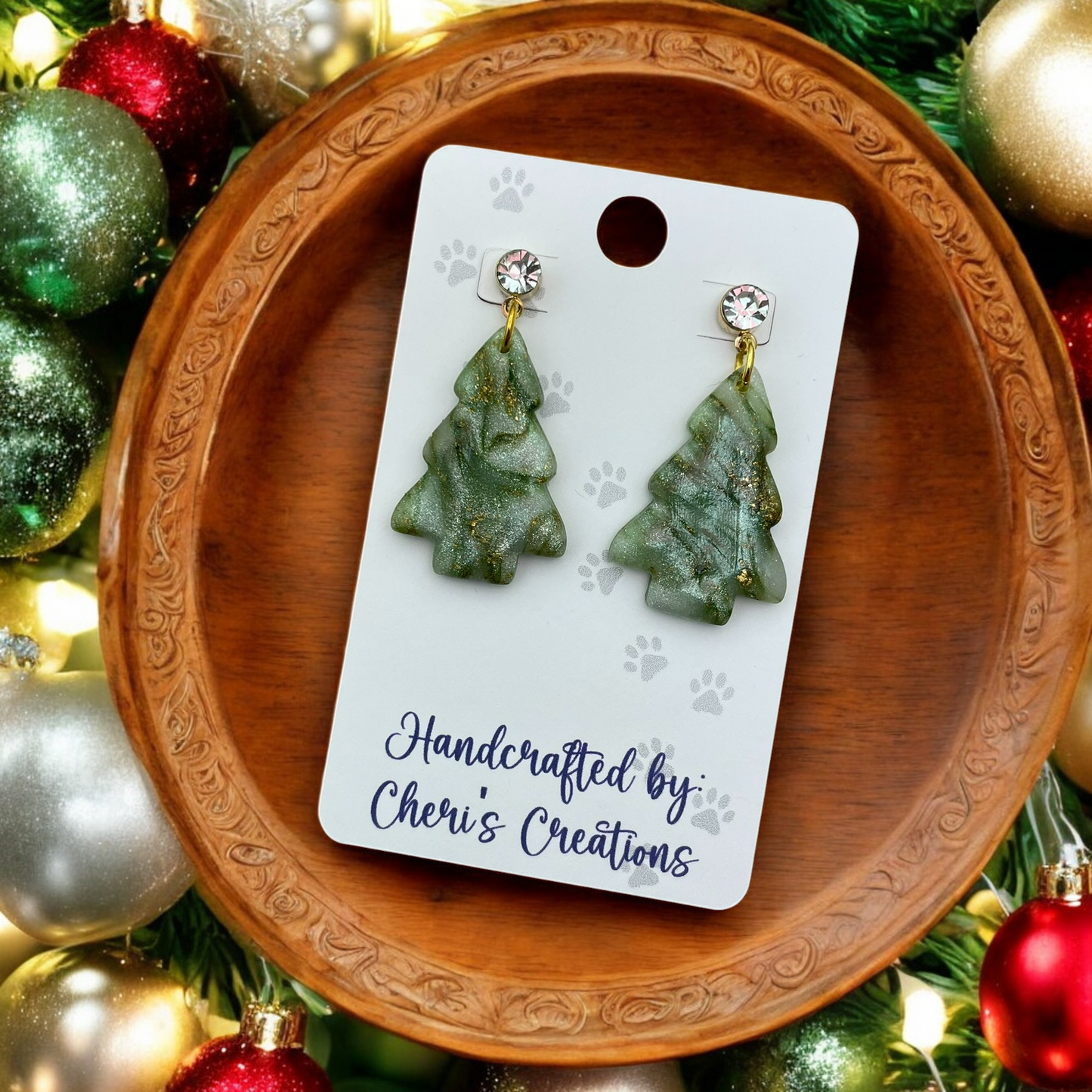Green & Gold Winter Tree Polymer Clay Dangle Earrings