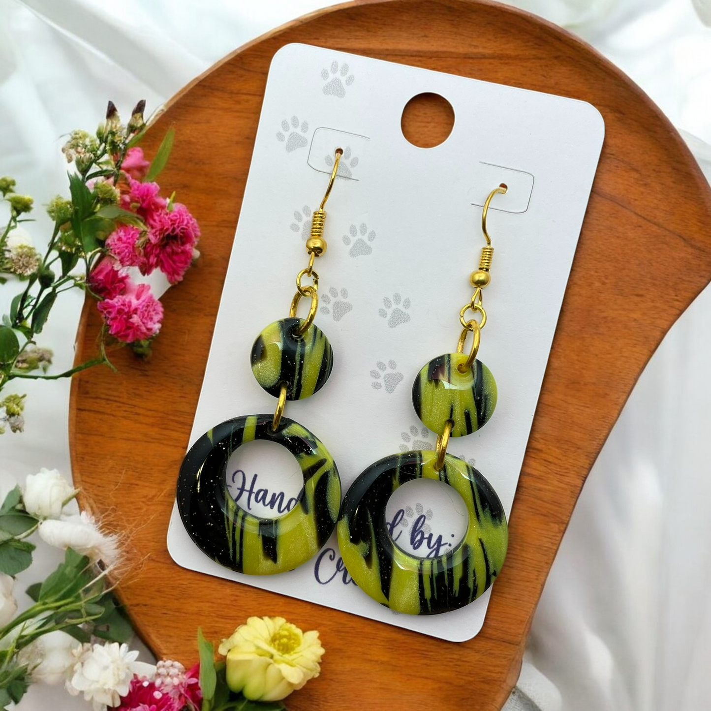 Yellow & Black Marbled Circles Polymer Clay Dangle Earrings