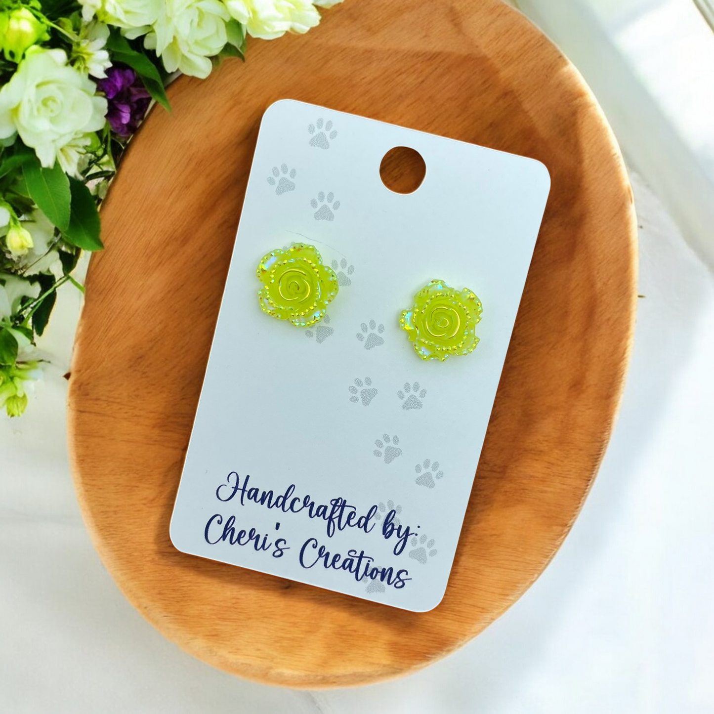 Neon Yellow Roses Acrylic Stud Earrings