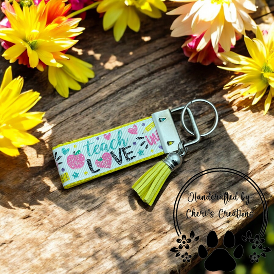 Handmade TEACH LOVE INSPIRE Ribbon Keychain – Teacher Keychain – Inspirational Teacher Gift – Grosgrain Ribbon Keychain – Motivational Keychain for Teachers
