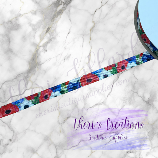 Patriotic Flower Blooms 3/8" 5/8" 7/8" Grosgrain Ribbon by the Yard