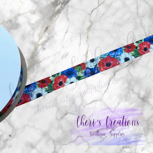 Patriotic Flower Blooms 3/8" 5/8" 7/8" Grosgrain Ribbon by the Yard