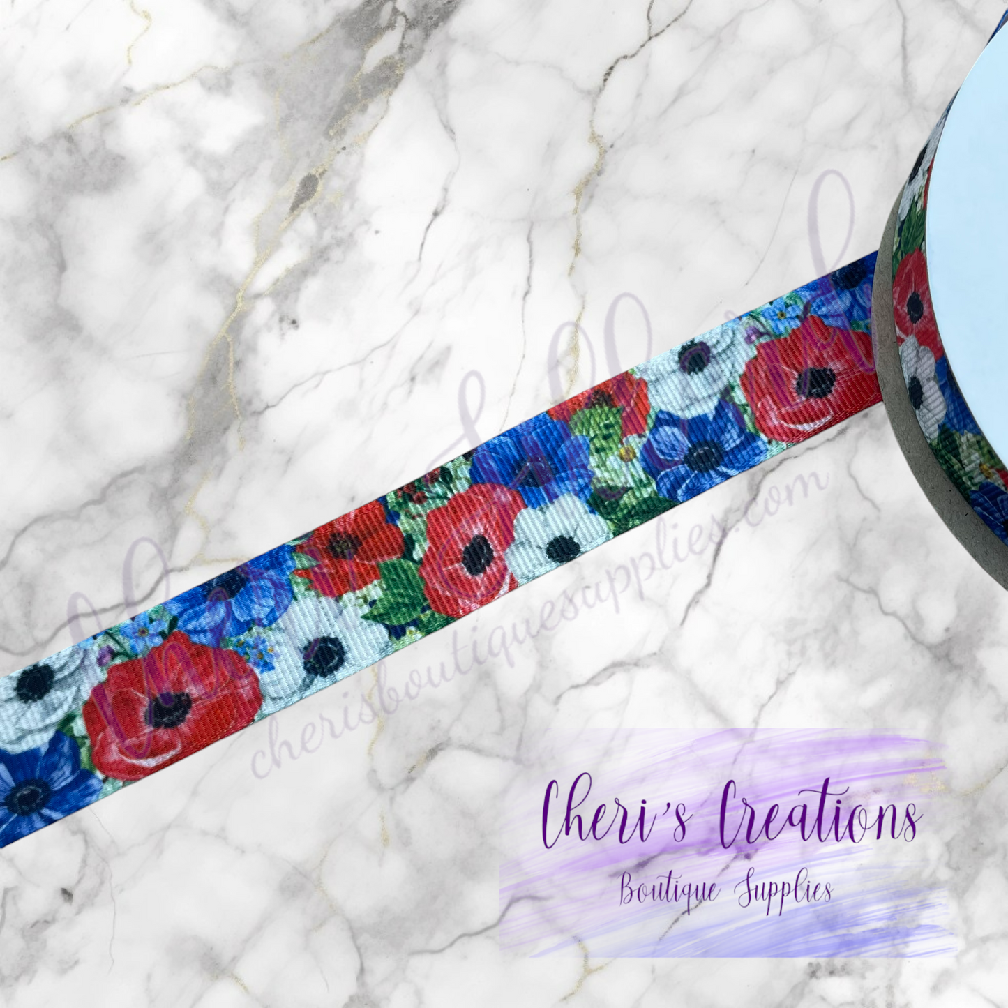 Patriotic Flower Blooms 3/8" 5/8" 7/8" Grosgrain Ribbon by the Yard