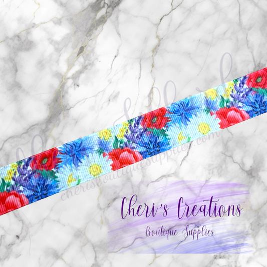 Patriotic Floral Burst 5/8" 7/8" Grosgrain Ribbon by the Yard