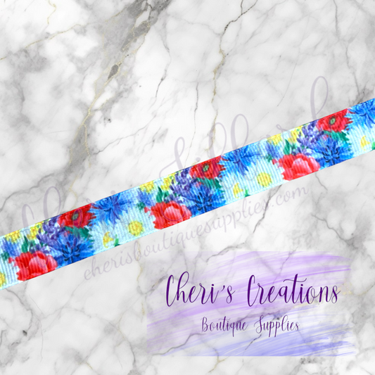 Patriotic Floral Burst 5/8" 7/8" Grosgrain Ribbon by the Yard