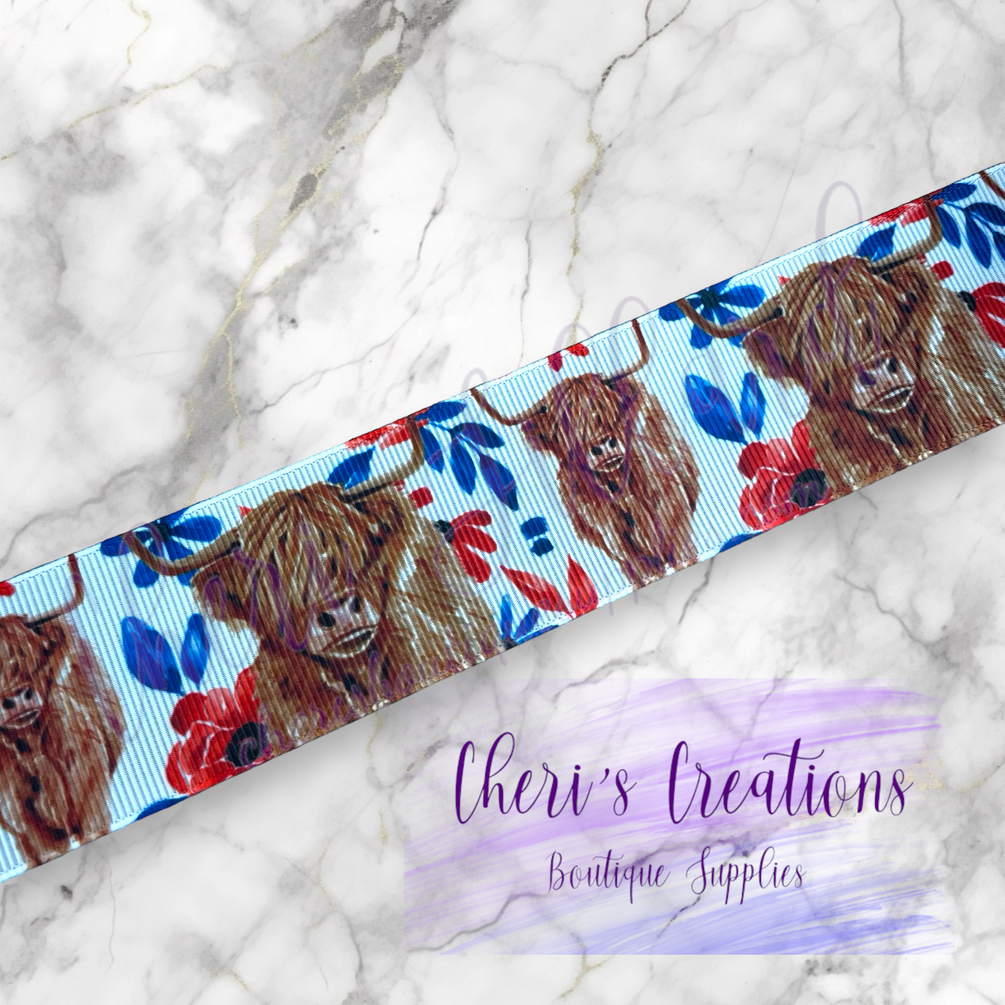 Patriotic Highland Cattle & Floral 5/8" 7/8" 1.5" Grosgrain Ribbon by the Yard