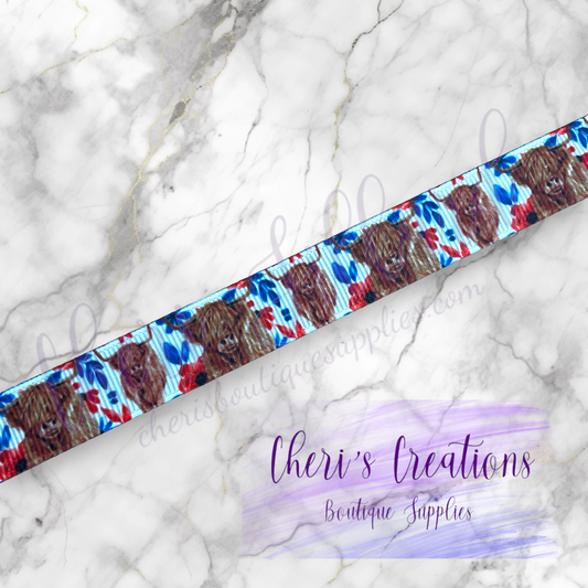 Patriotic Highland Cattle & Floral 5/8" 7/8" 1.5" Grosgrain Ribbon by the Yard