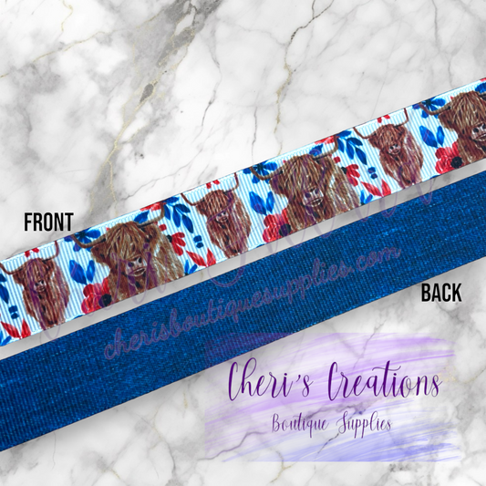 Patriotic Highland Cattle & Floral 5/8" 7/8" 1.5" Grosgrain Ribbon by the Yard