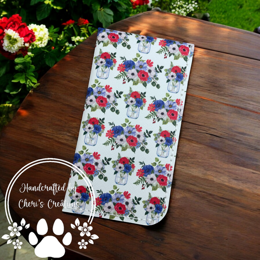 Handmade Faux Leather Eyeglass Case with Patriotic Mason Jar Bouquets
