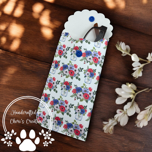 Handmade Faux Leather Eyeglass Case with Patriotic Mason Jar Bouquets