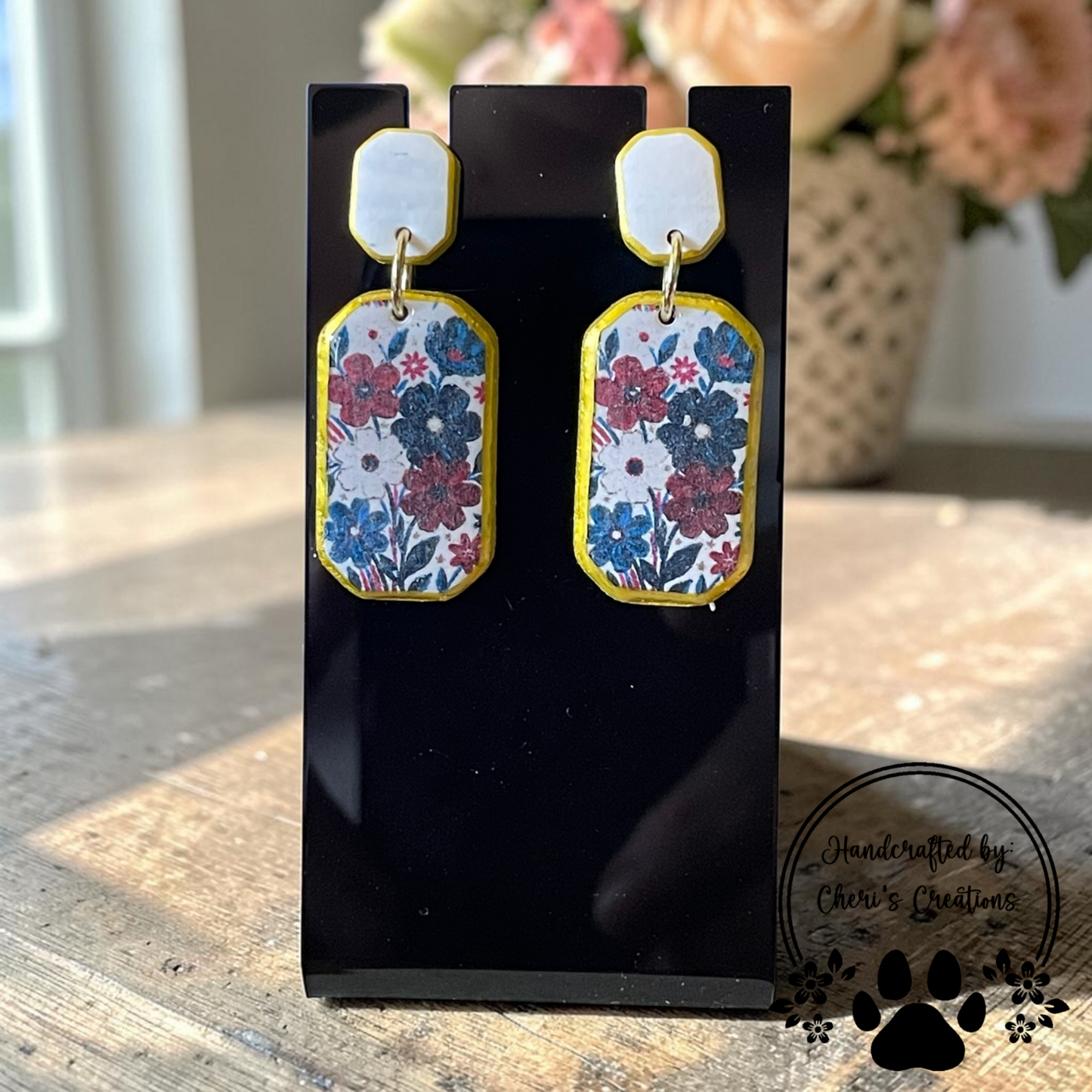 Patriotic Floral Dangles - Handmade Polymer Clay Earrings